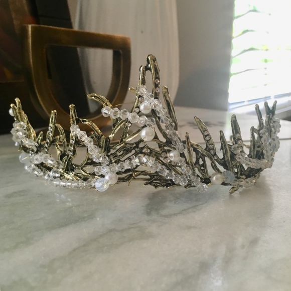 Vintage Antique White Beaded Gold Wedding Crown - Picture 2 of 8